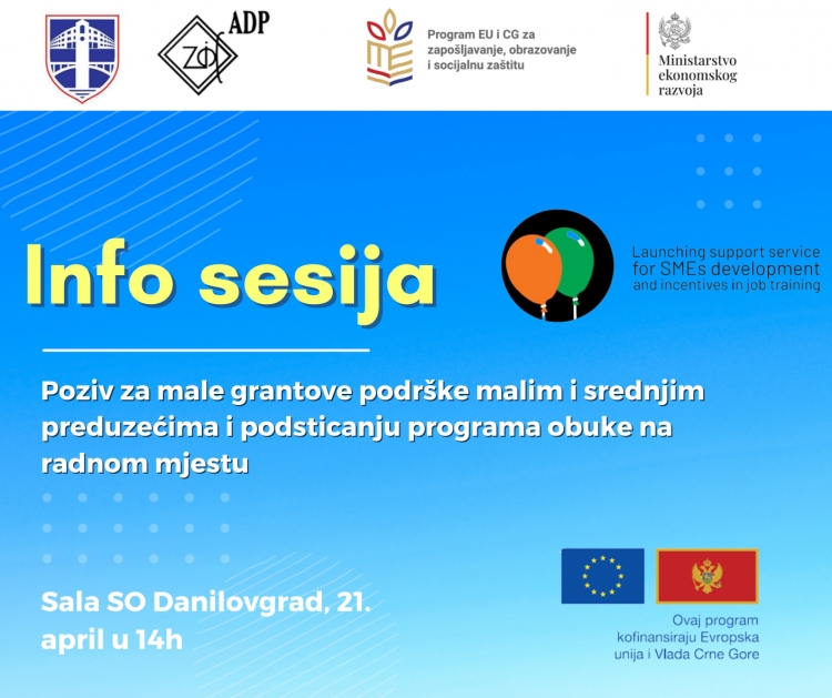 Info sesija u Danilovgradu - Poziv za male grantove podrške malim i srednjim preduzećima i podsticanju programa